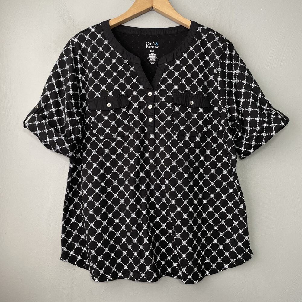 Croft & Barrow Tee Top Petite Size XXL Black White Knit Polo Classic Henley Prep